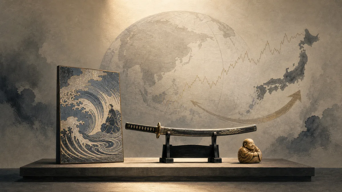 浮世絵・日本刀・根付が海外のオークション会場のスポットライトの下に並び、地球儀と為替のグラフ、日本へ戻る矢印(里帰り)が背景に添えられた、墨と藍の落ち着いたイラスト
